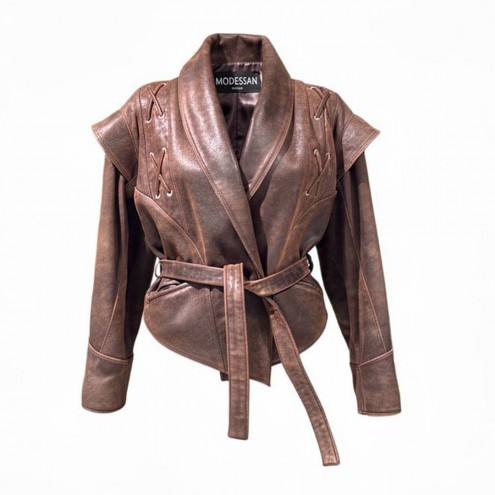 Eskitme Deri Kuşaklı Ceket